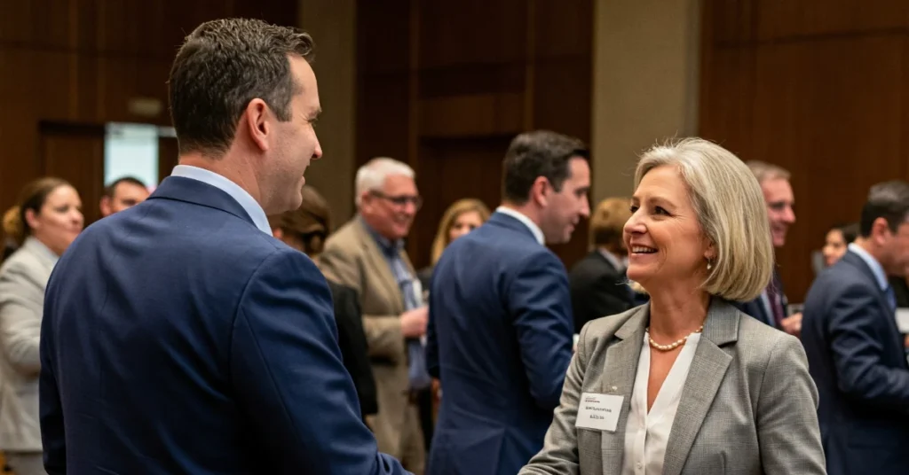 A person shaking hands with someone at a professional networking event
