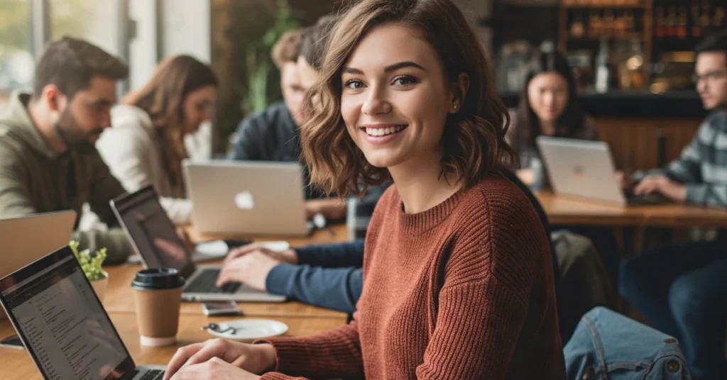 A young person smiling confidently while using their laptop
