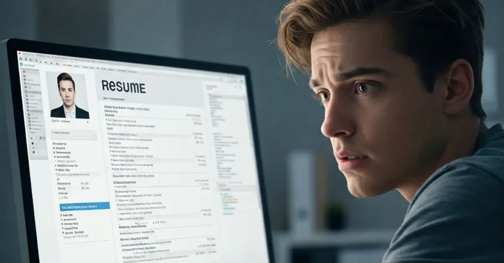 person looking confused at a computer screen with a resume on it