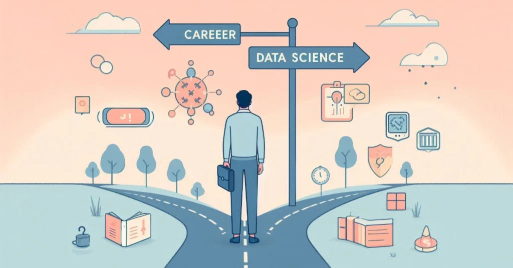 A person standing at a career crossroad