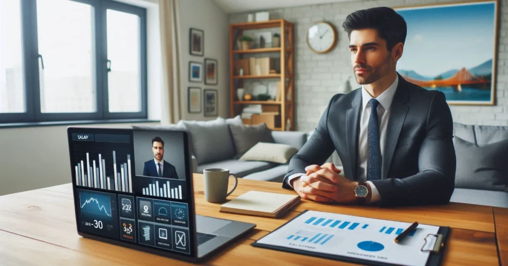 Marketing manager sitting at a home office desk during a video call
